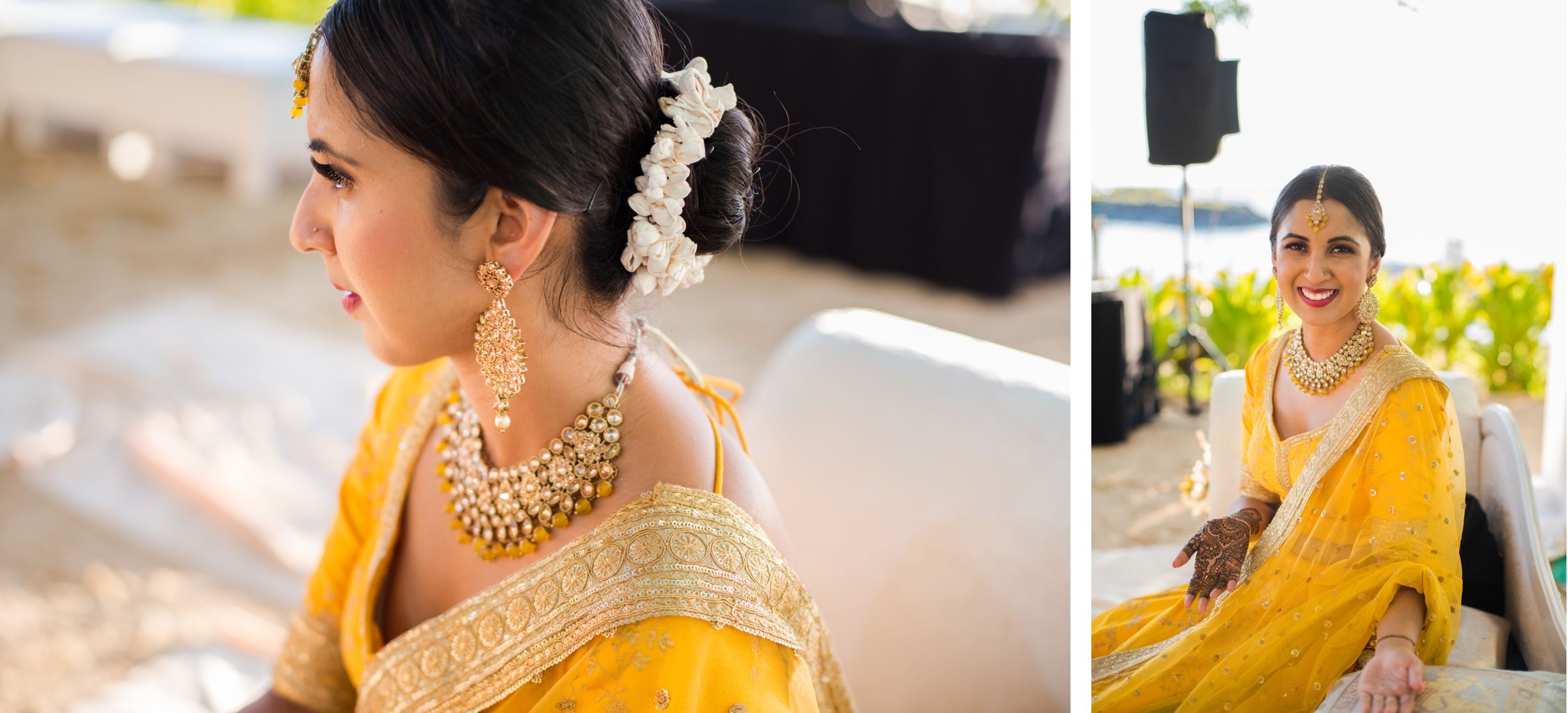 Traditional Indian bridal jewelry and yellow sari details photographed in bright natural light.