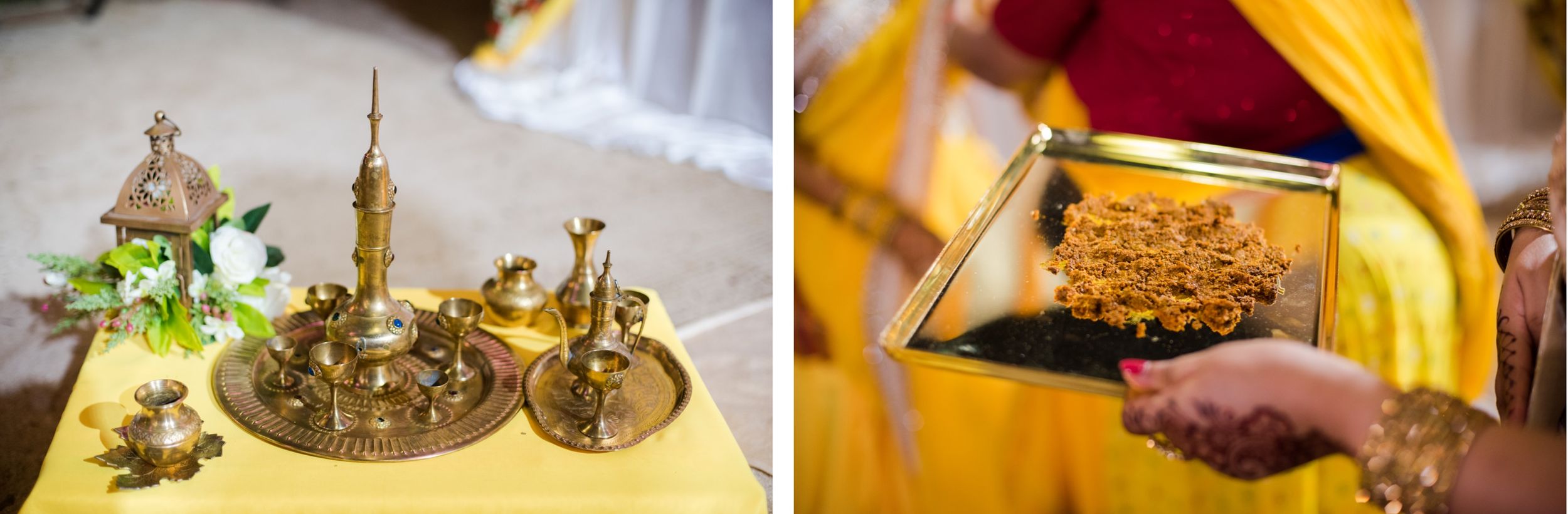 Traditional brass decor items and ceremonial objects displayed at Indian wedding.