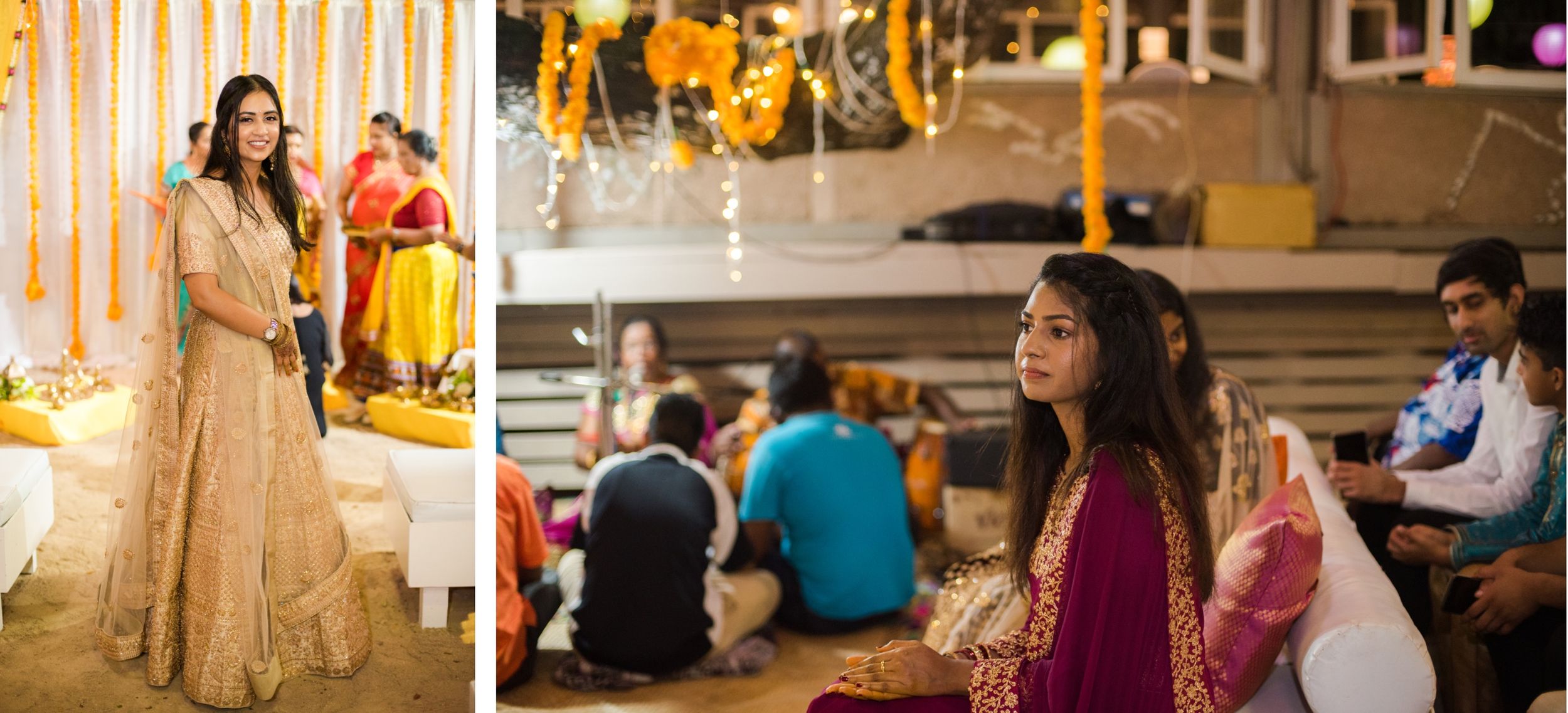 Candid moments from Indian wedding celebration with elegant decor and traditional outfits.