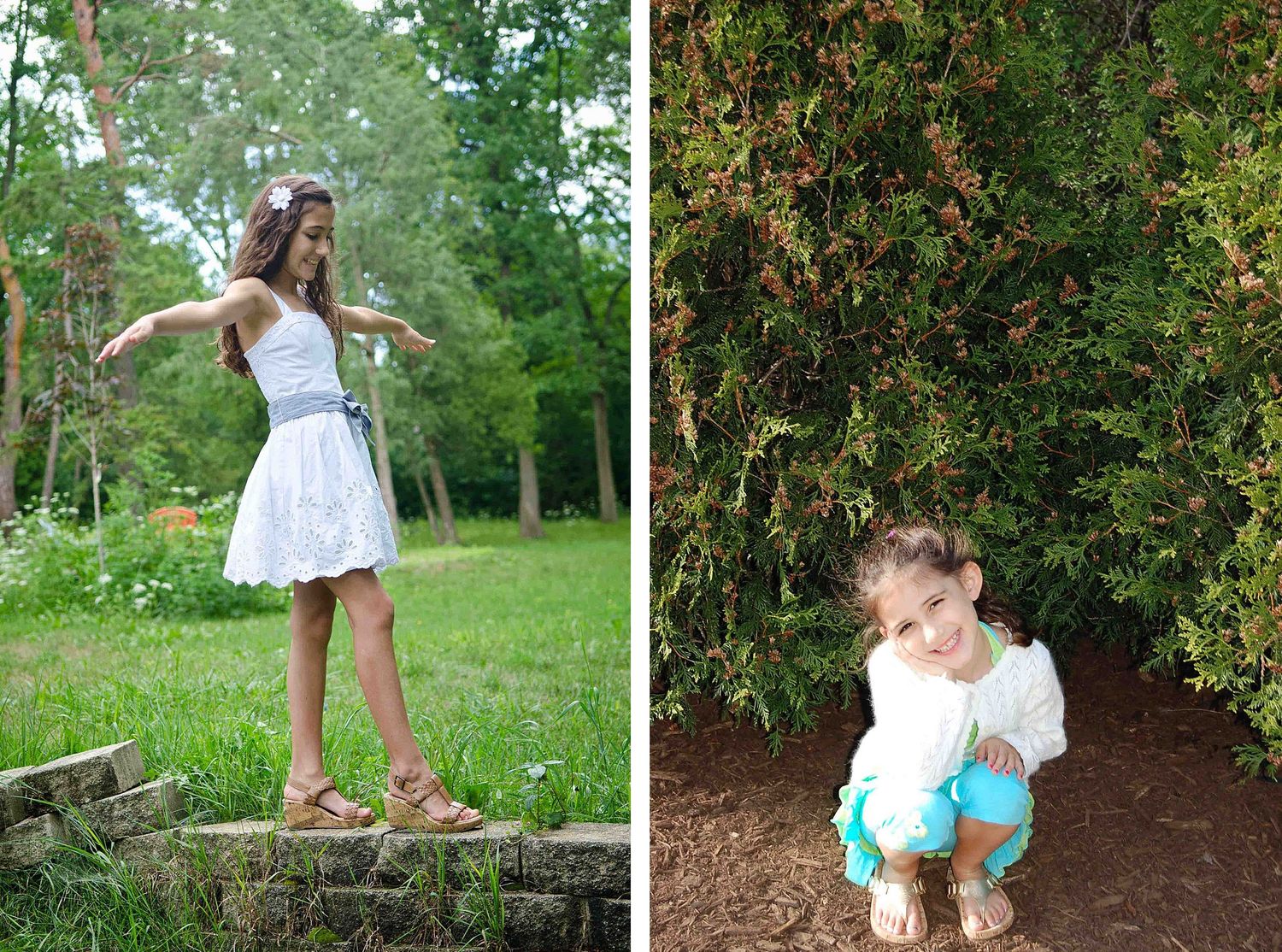 Whimsical outdoor portraits featuring white dresses and natural garden settings.