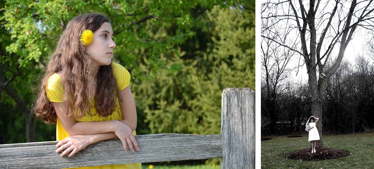 Artistic diptych featuring closeup with yellow flower and silhouette in bare winter trees.