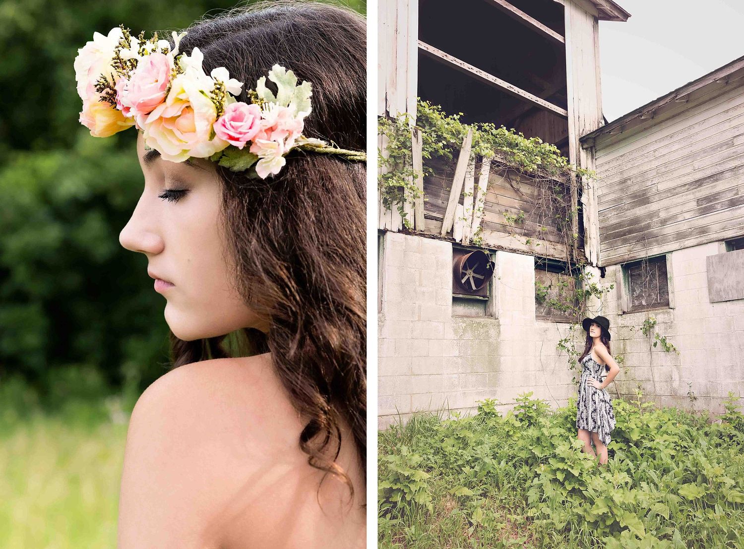 Diptych showing floral crown detail and rustic barn setting portraits.