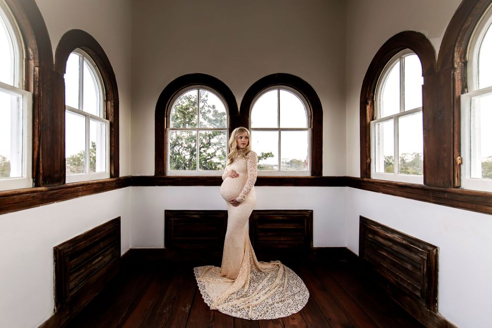 Panoramic wedding photography sequence in rustic room with arched windows.