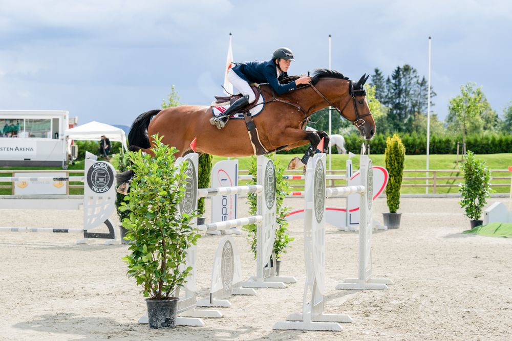 A horse and rider jumping over obstacles in an outdoor equestrian competition.