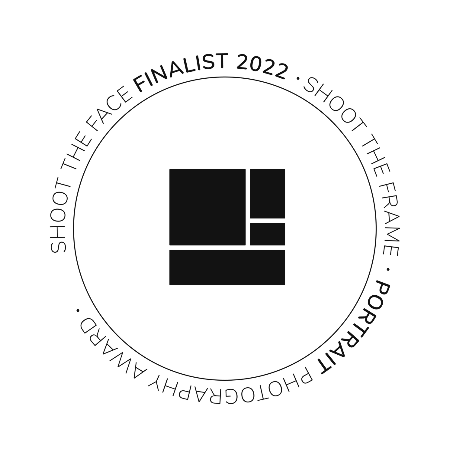 Black and white circular award badge design with text around the perimeter.