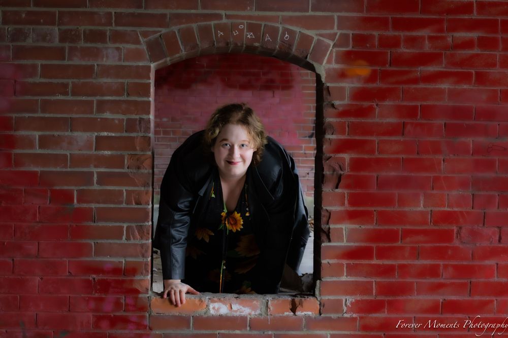 A creative photo sequence showing someone peeking through a brick window opening.