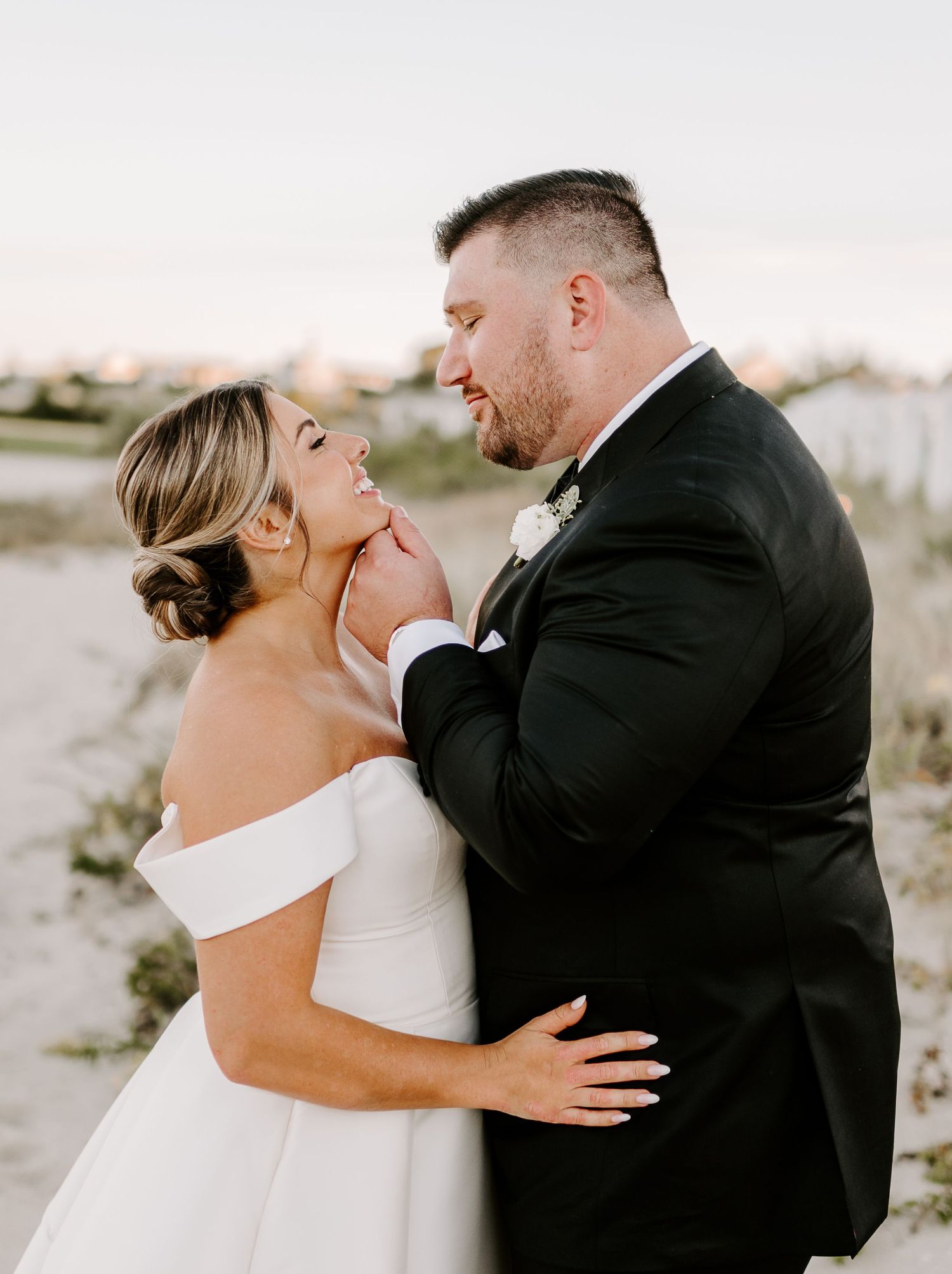 Series of romantic wedding photos showing intimate embraces between newlyweds on a beach setting.