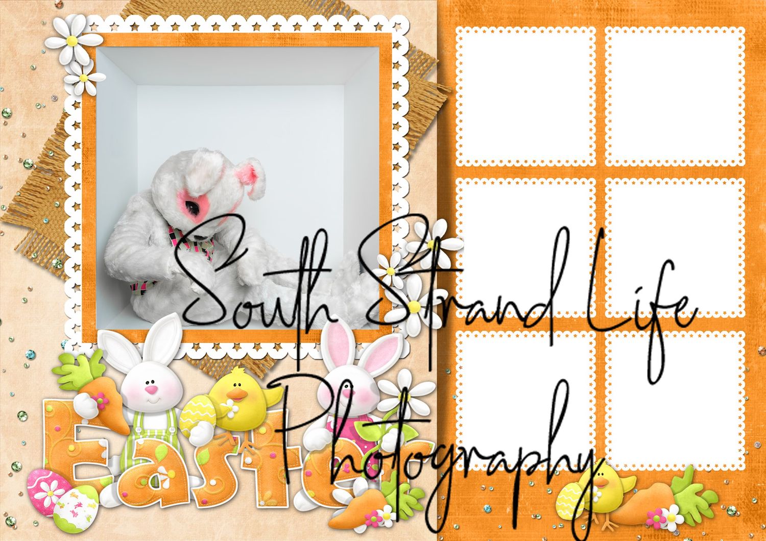 Easter themed scrapbook template with orange background and decorative white frames.