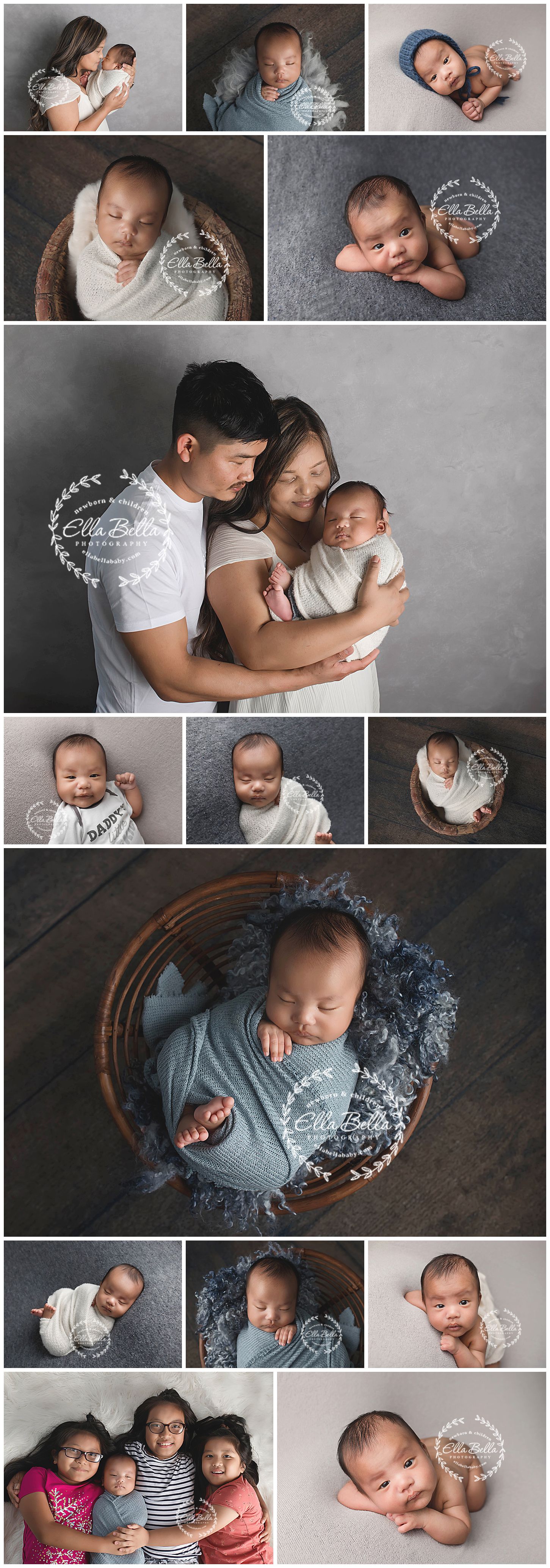 Modern newborn and family photography collection featuring minimalist gray and white tones.