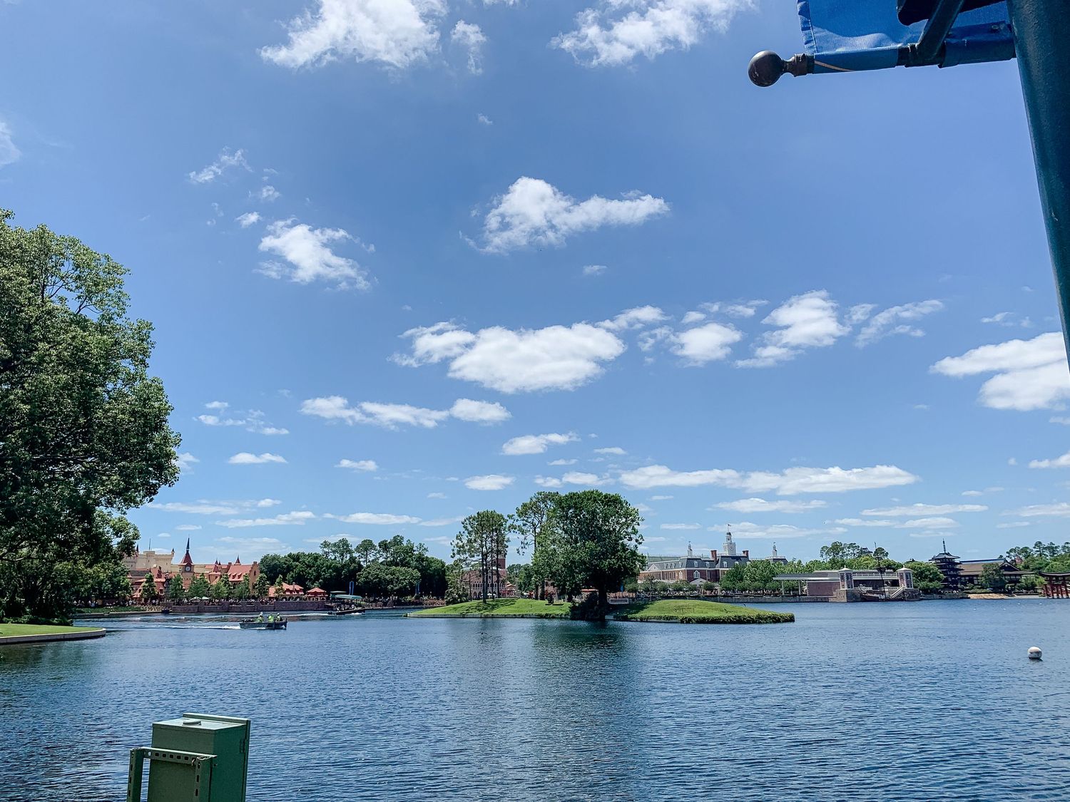 Scenic view of World Showcase lagoon at EPCOT with international pavilions visible across the water.