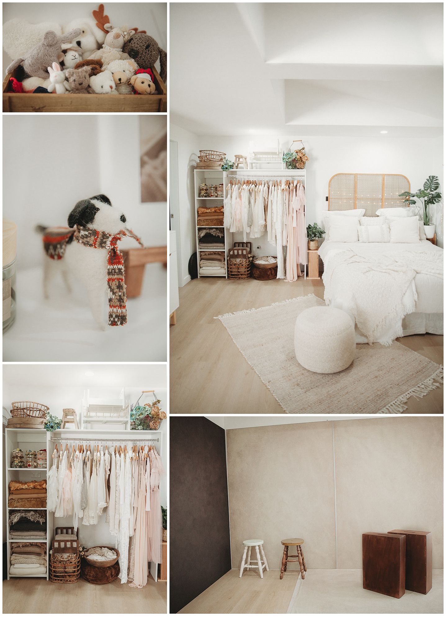 A collage of setups and beautifully sourced props available at Stacey Lake Photography's brand new studio