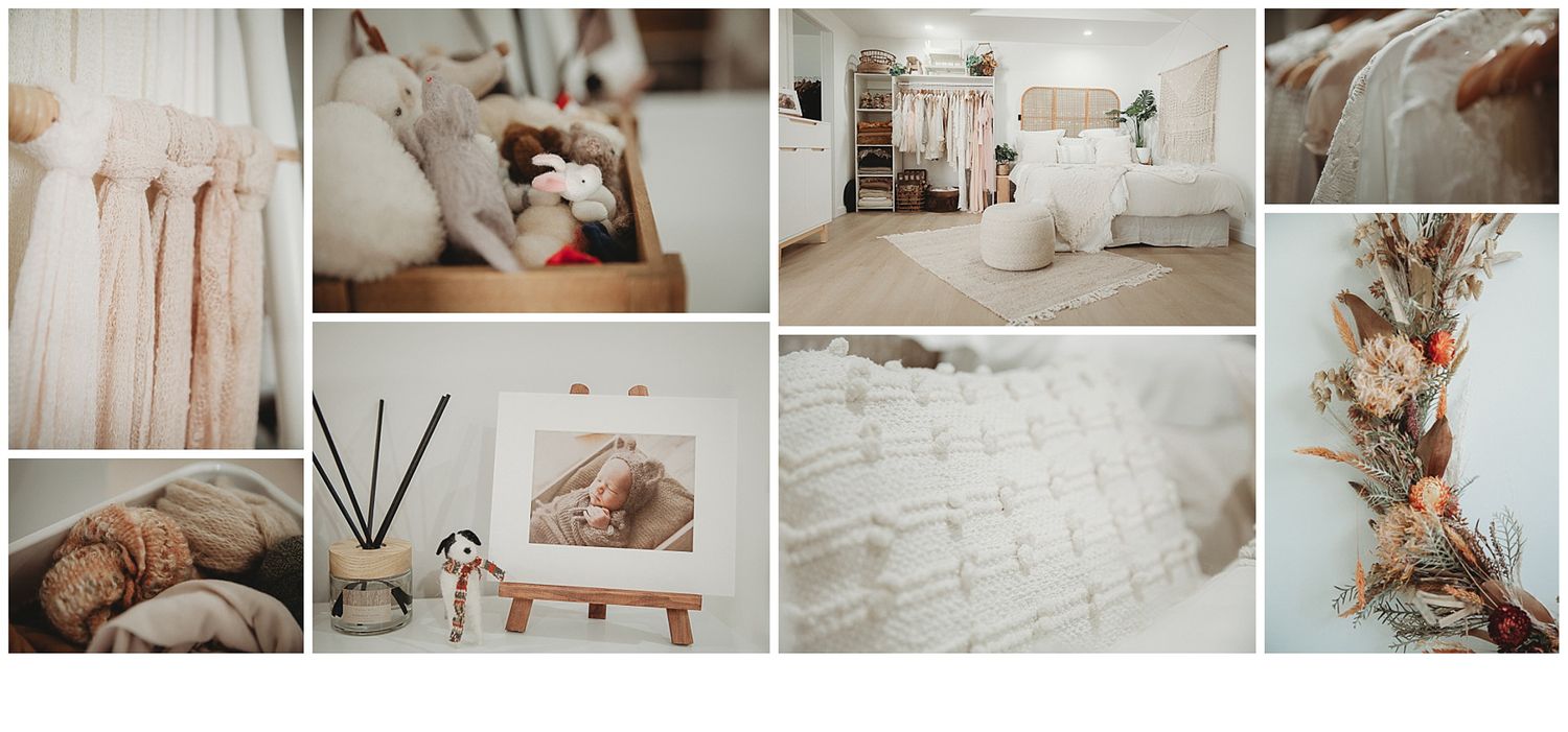 A collage of setups and beautifully sourced props available at Stacey Lake Photography's brand new studio