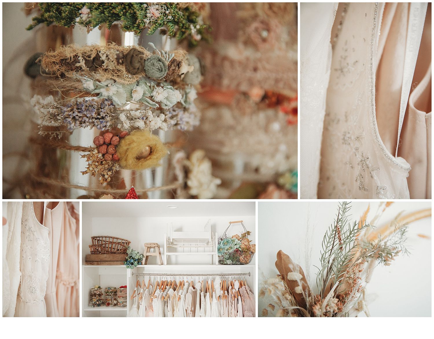 a collage of beautiful rustic props, earthy tones and beautifully selected pieces for her studio