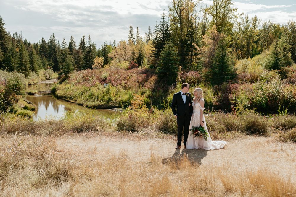 Wedding photos captured in a scenic mountain landscape with evergreen trees and natural scenery.