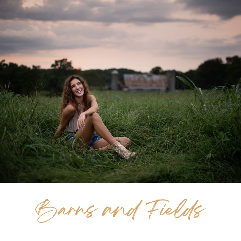 Rustic countryside portrait session with barns and fields at sunset.