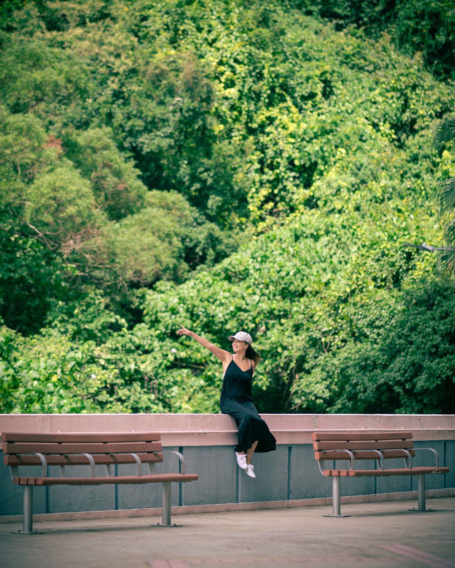 Person sitting on bench overlook with lush green forest canopy in background.