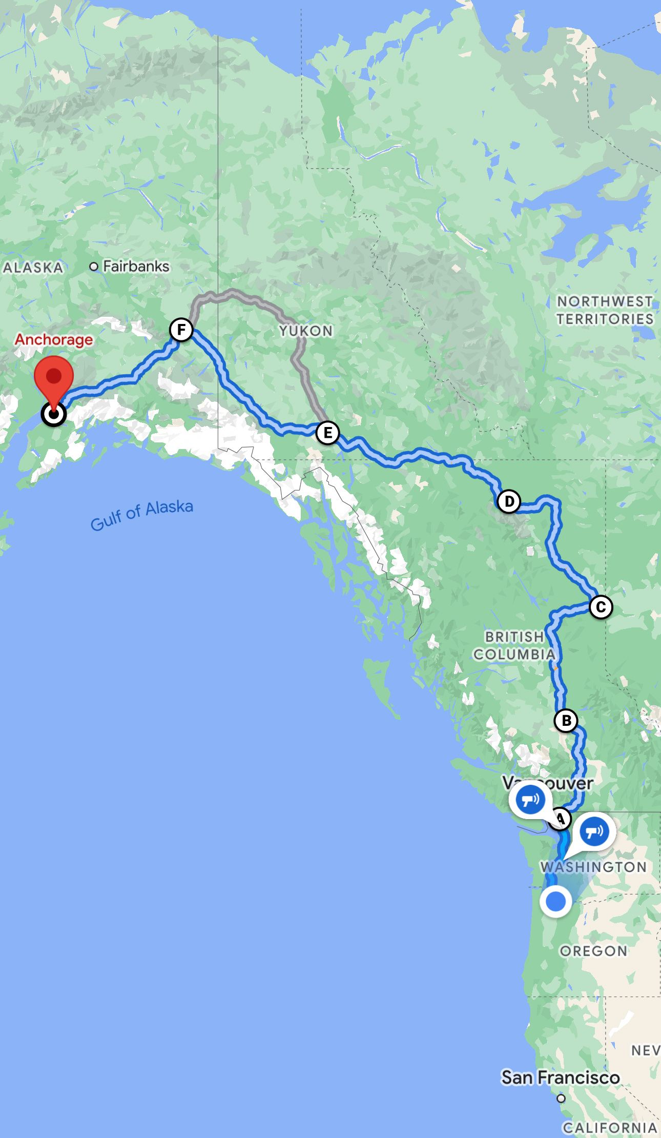 Map from Washington to Alaska