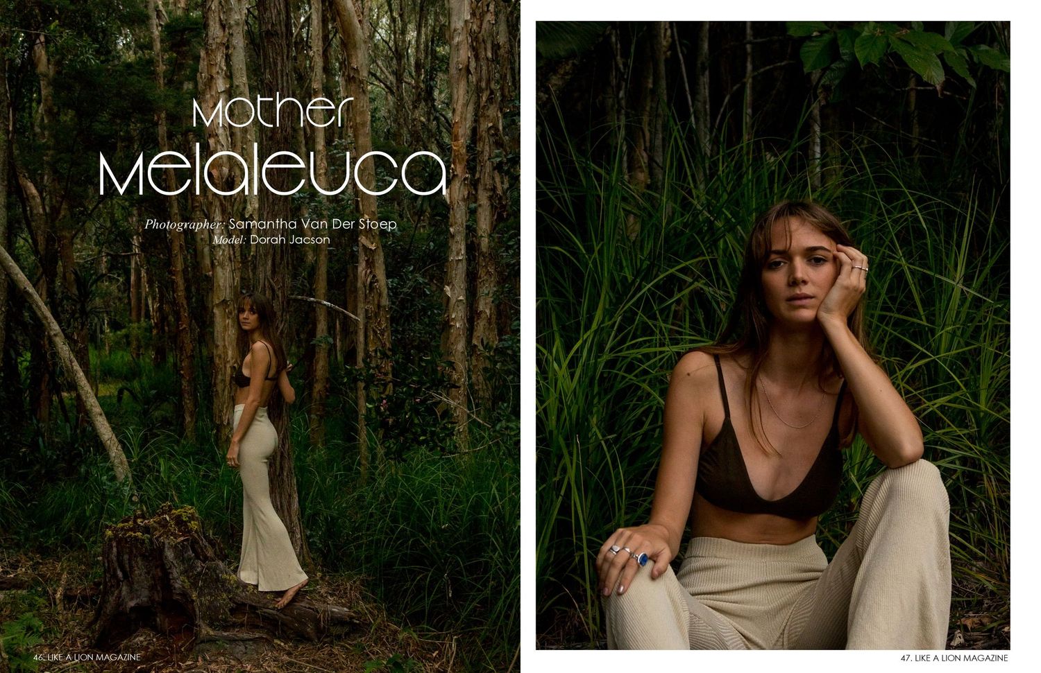 Moody fashion editorial in melaleuca forest with natural lighting.