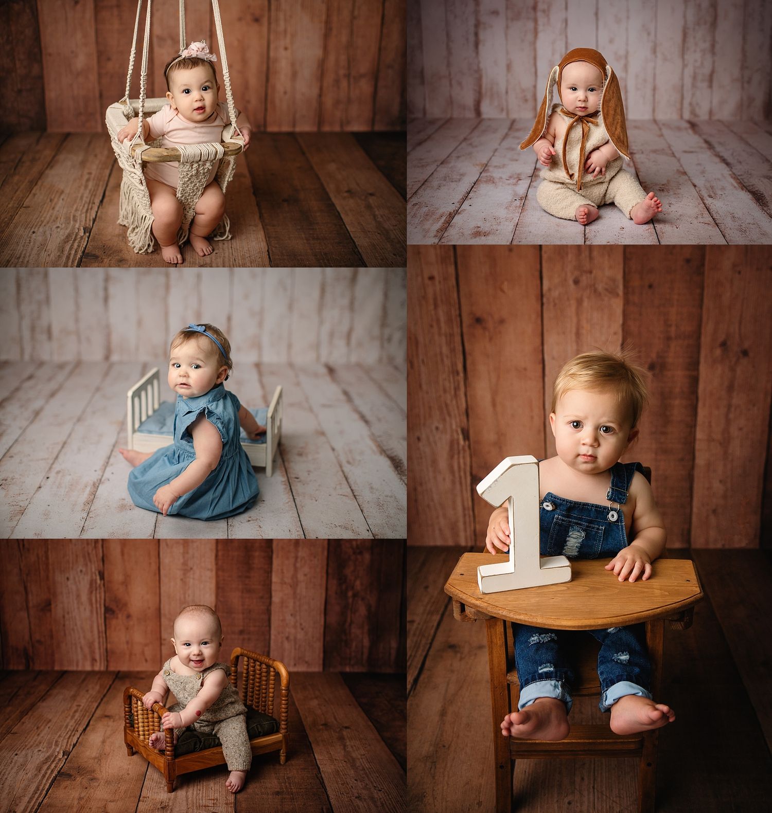 Collage of baby milestone photos showing growth and development in rustic wooden settings.