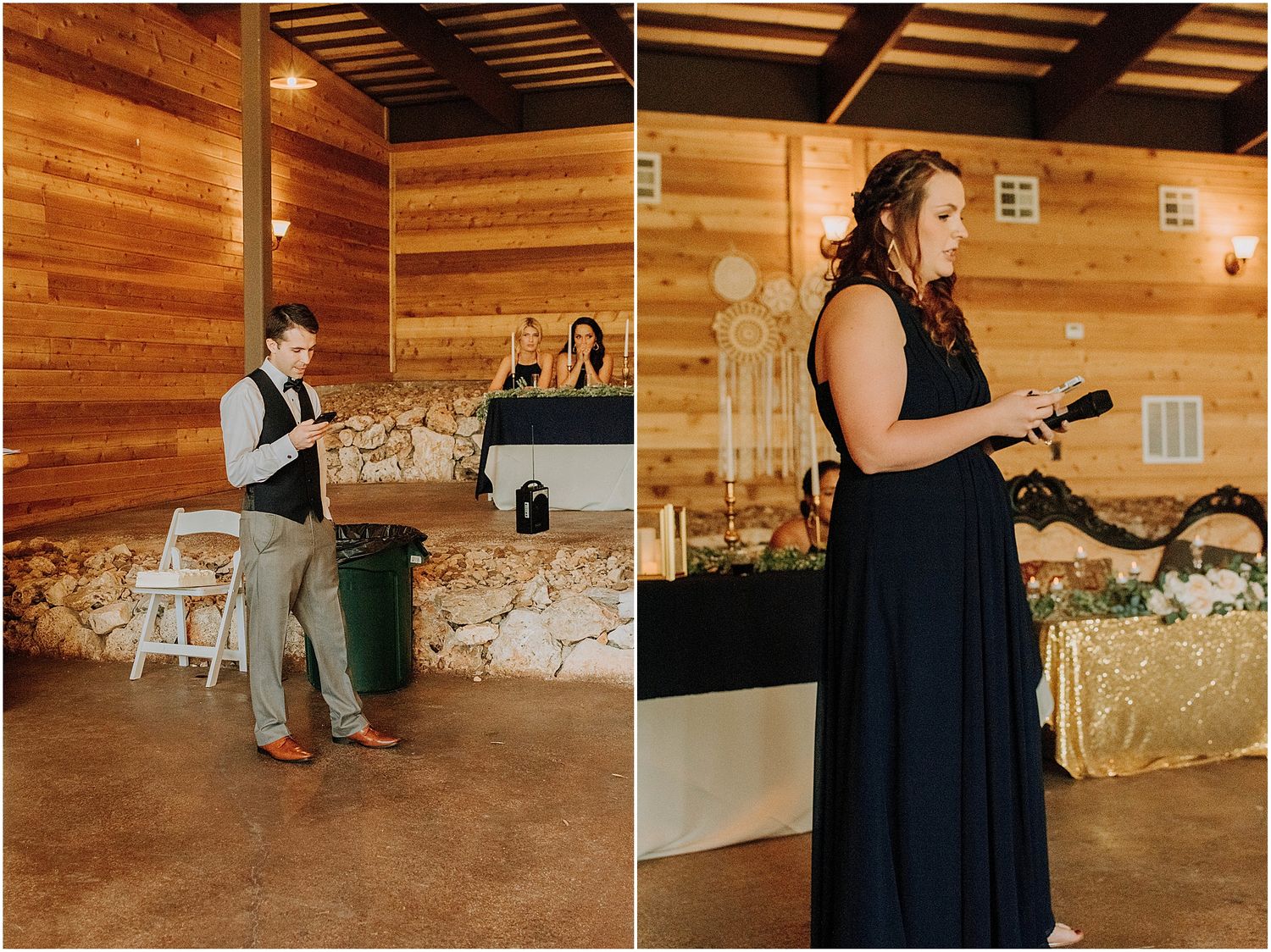 Wedding speeches being delivered in a rustic wooden barn venue with elegant decor and lighting.