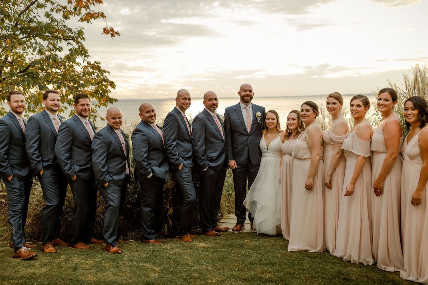 Wedding party in navy suits and blush dresses posing at sunset on grassy hill.