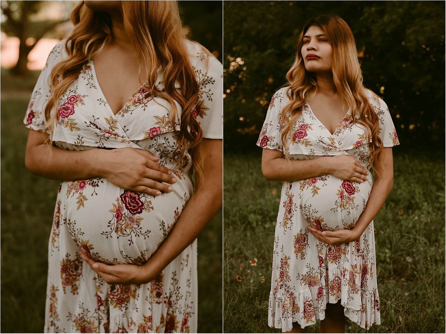 Close-up view of pregnant woman's belly in white floral dress with flutter sleeves.