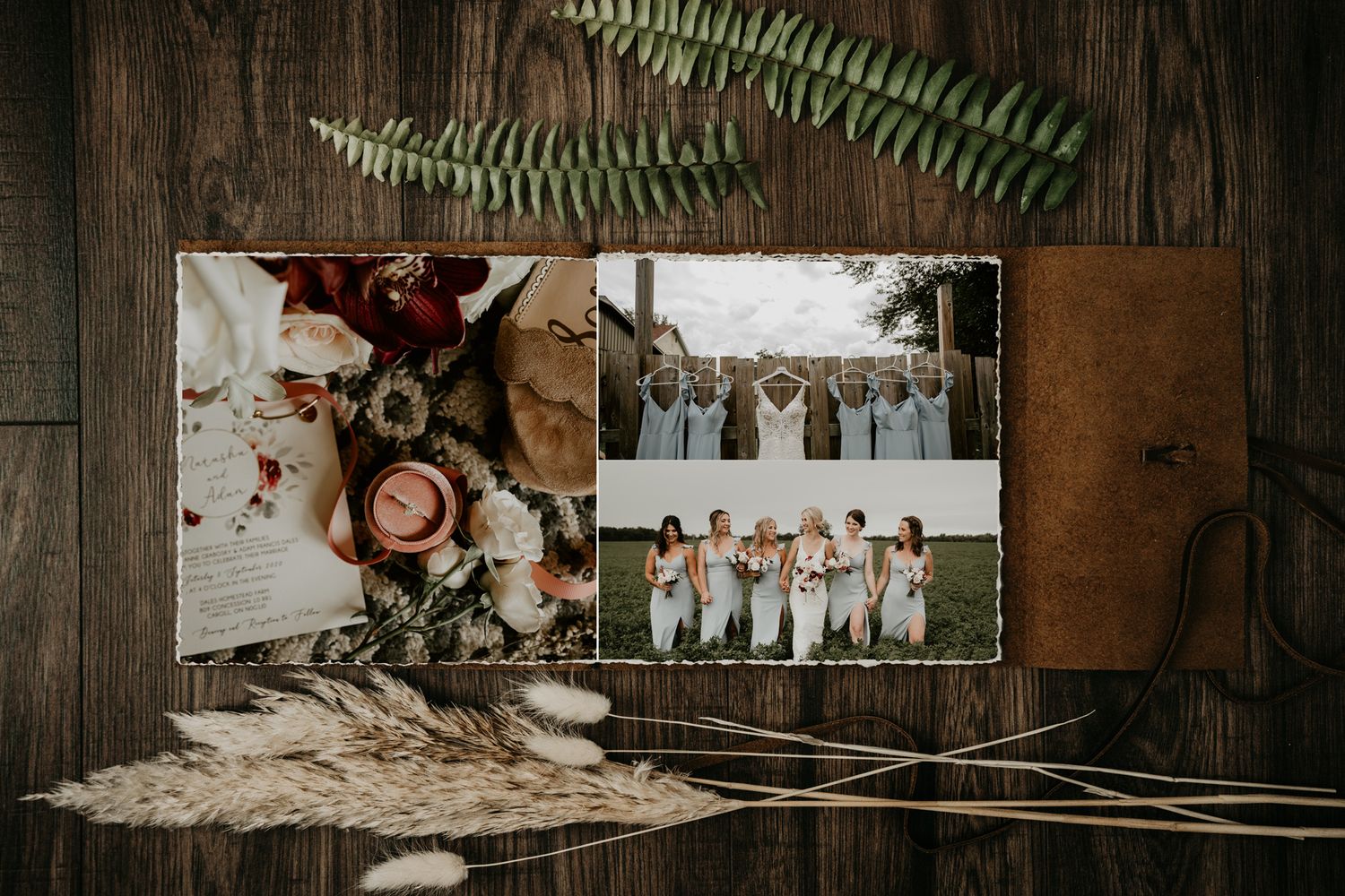 An open album showing wedding details and bridesmaids