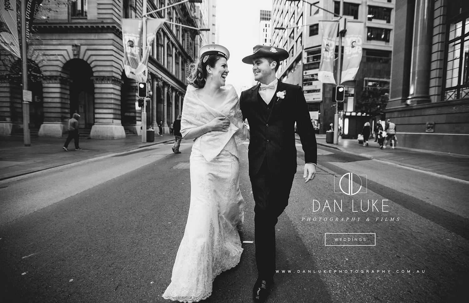 Black and white urban wedding photographs showing a couple walking along city streets.