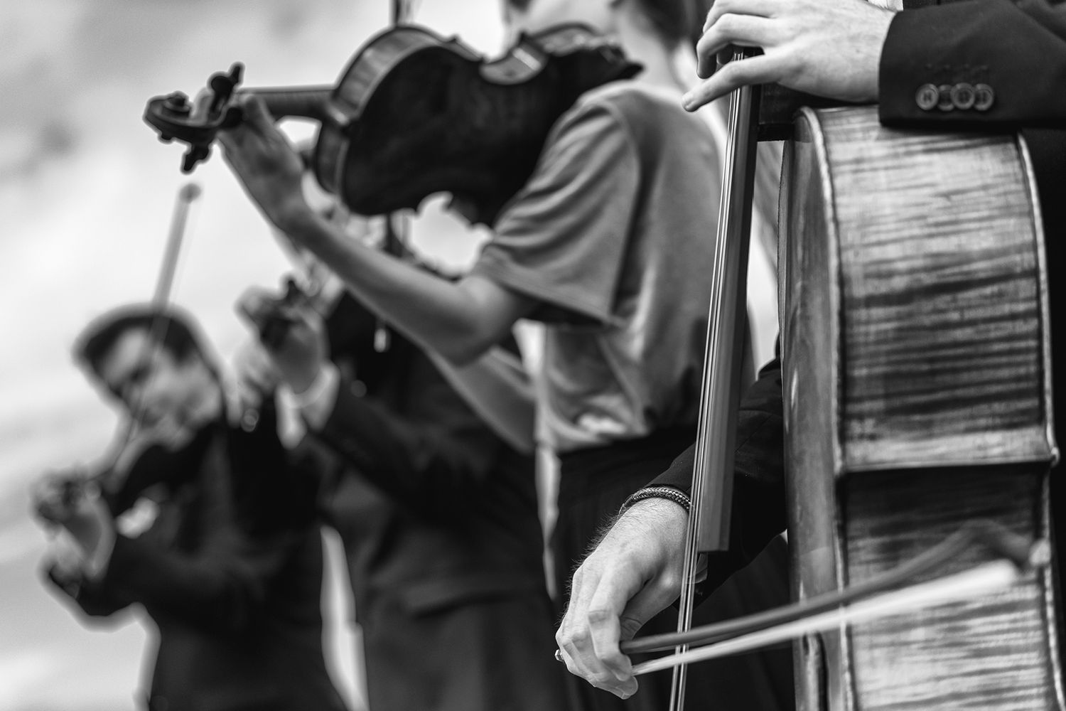 muzikanten van een strijkkwartet spelend op een cello en een viool, fotografie van performers