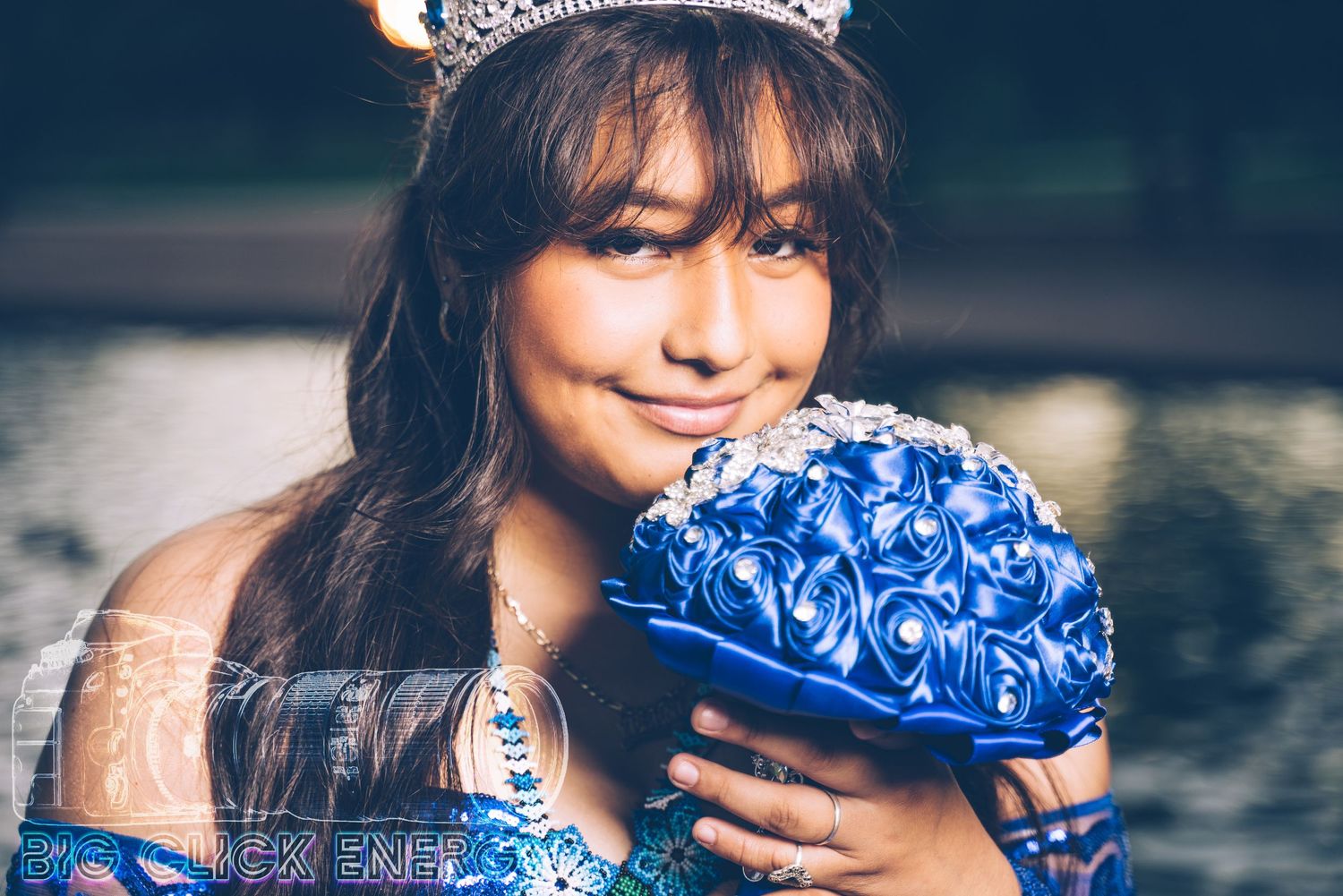 teen, quinceanera, blue ballgown, flowers, jewels, dark hair, tiara, party, bouquet, outdoors, phoenix, arizona
