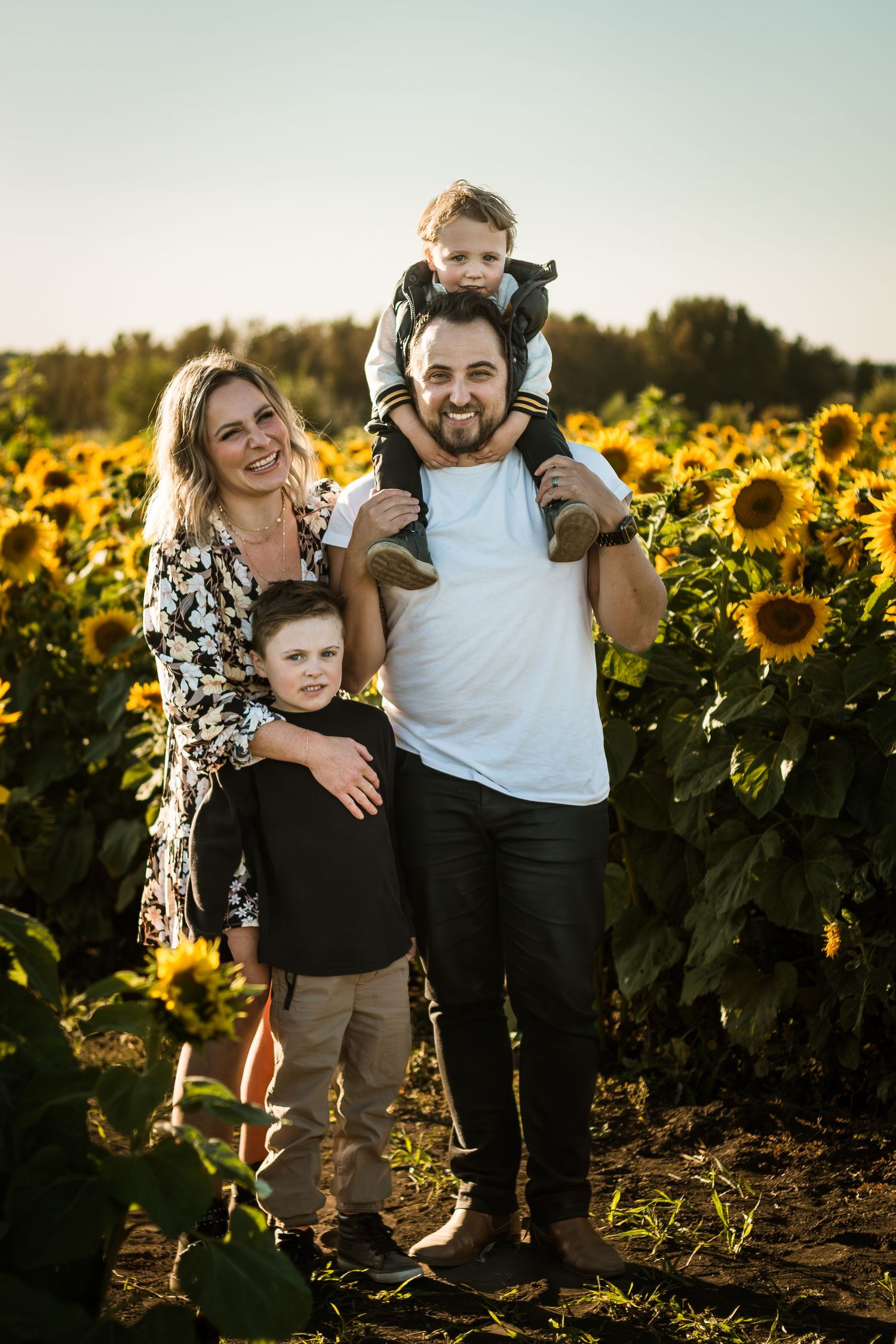 Fun family photo mini session during golden hour at Bowden Sunmaze sunflower fields by Calgary lifestyle photographer.