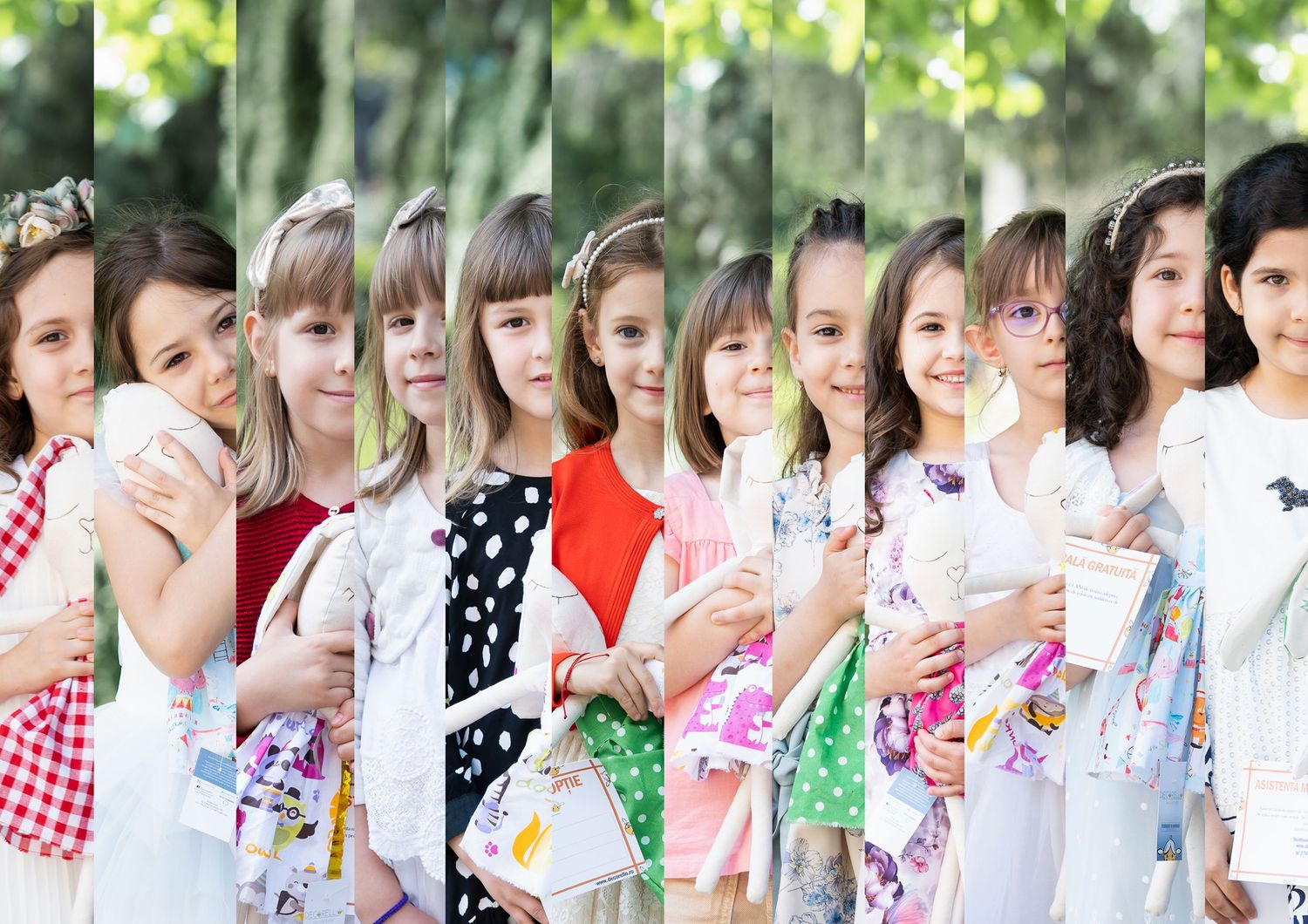 A row of people wearing colorful summer dresses and outfits standing together outdoors.