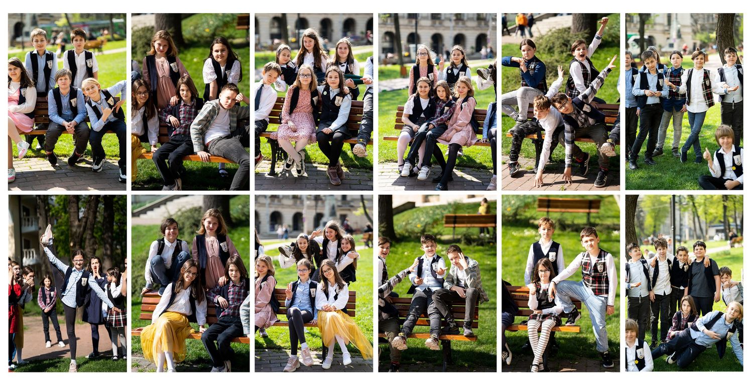 Series of casual outdoor student group photos in park setting.