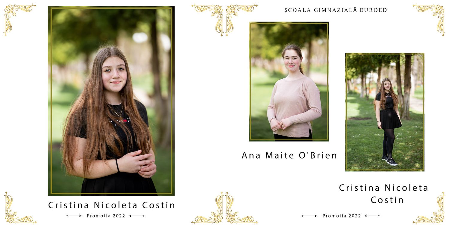 Yearbook layout featuring student portraits with decorative gold borders.