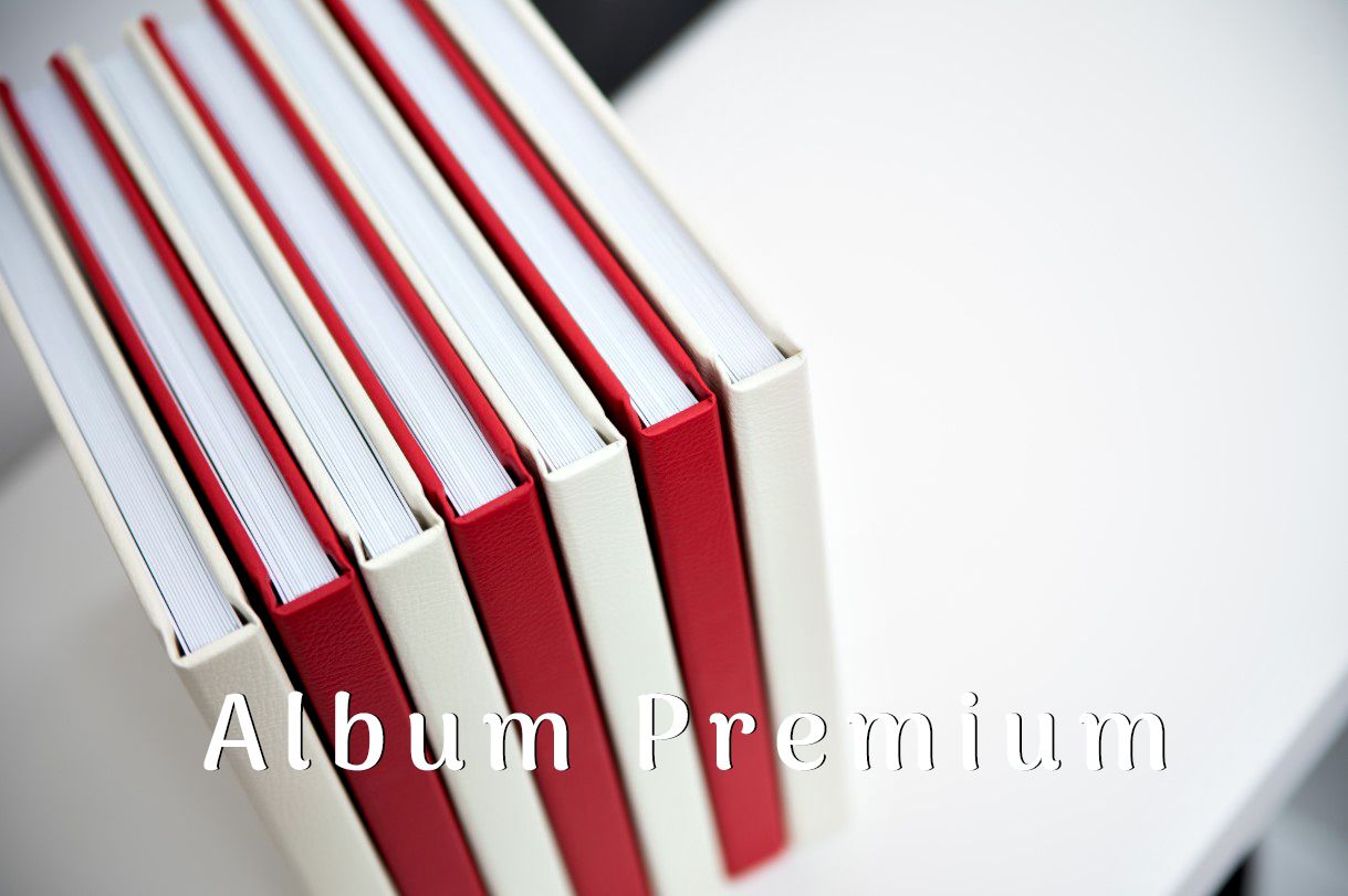 Close-up sequence of red and white premium photo album details.