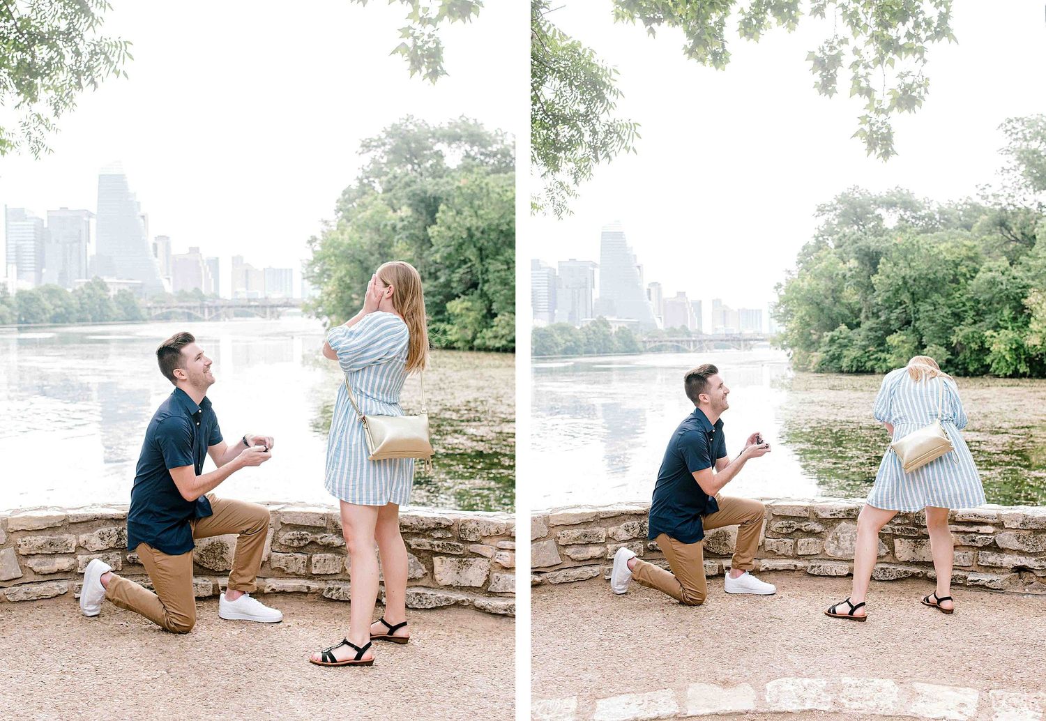 Marriage proposal sequence by river with city skyline backdrop.