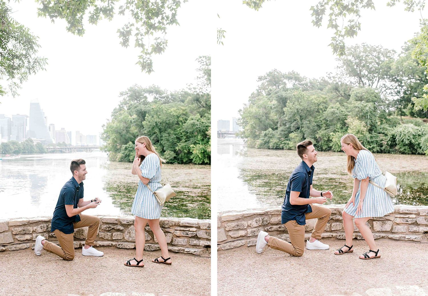 Engagement proposal series by stone wall overlooking river and city view.