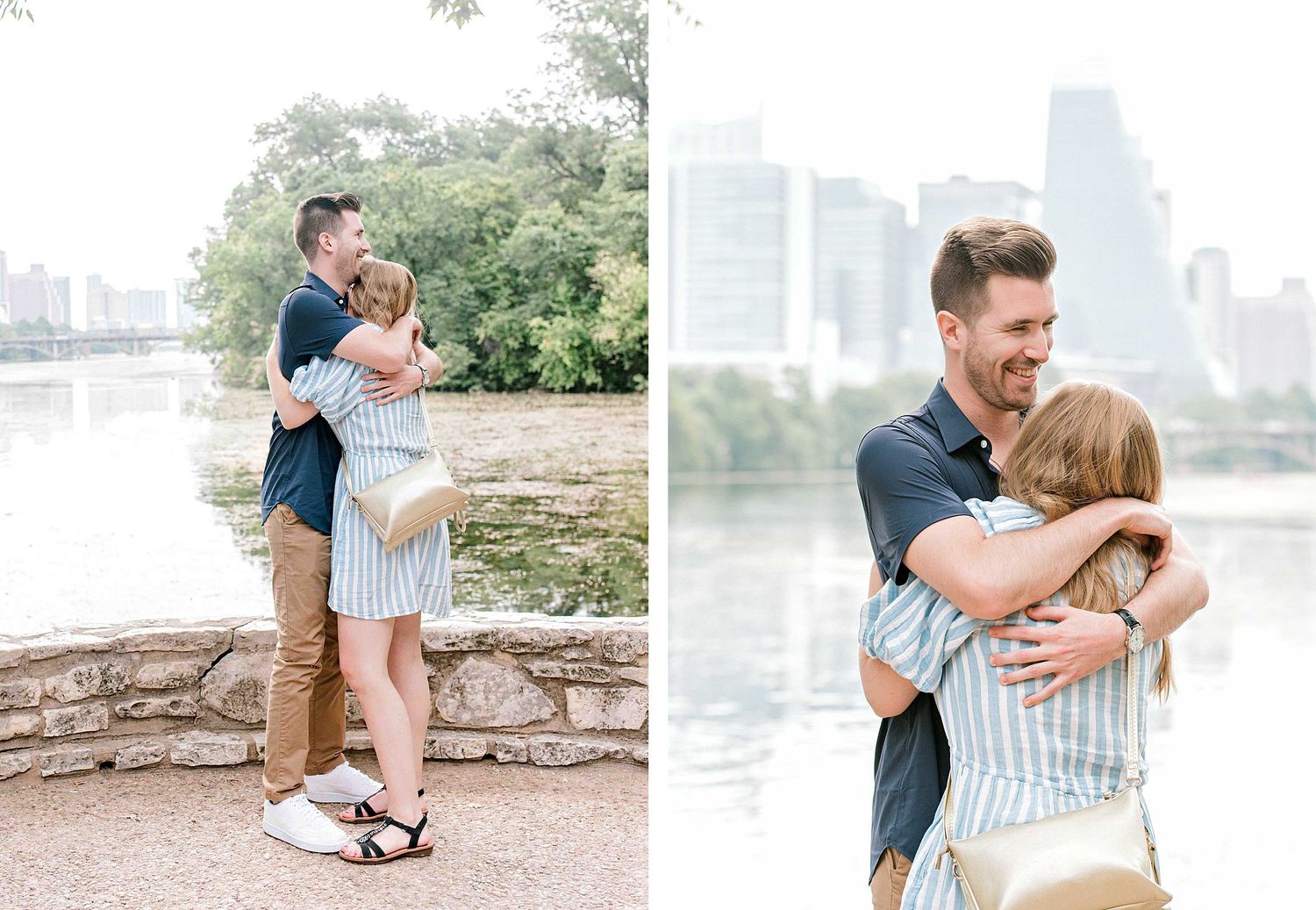 Newly engaged couple embracing by river with city skyline in background.
