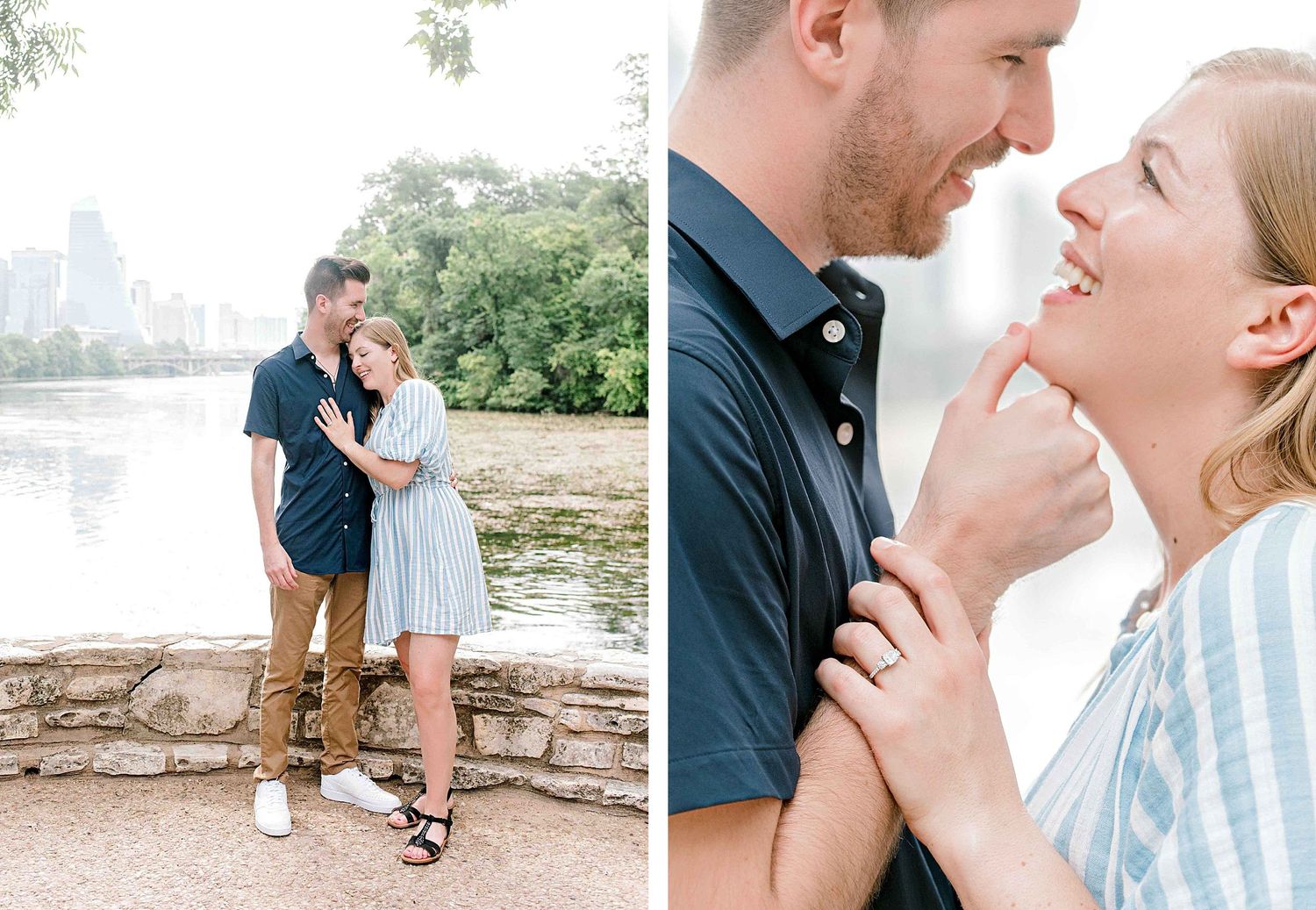 A romantic couple poses by the water with the city skyline visible in two side-by-side photos.
