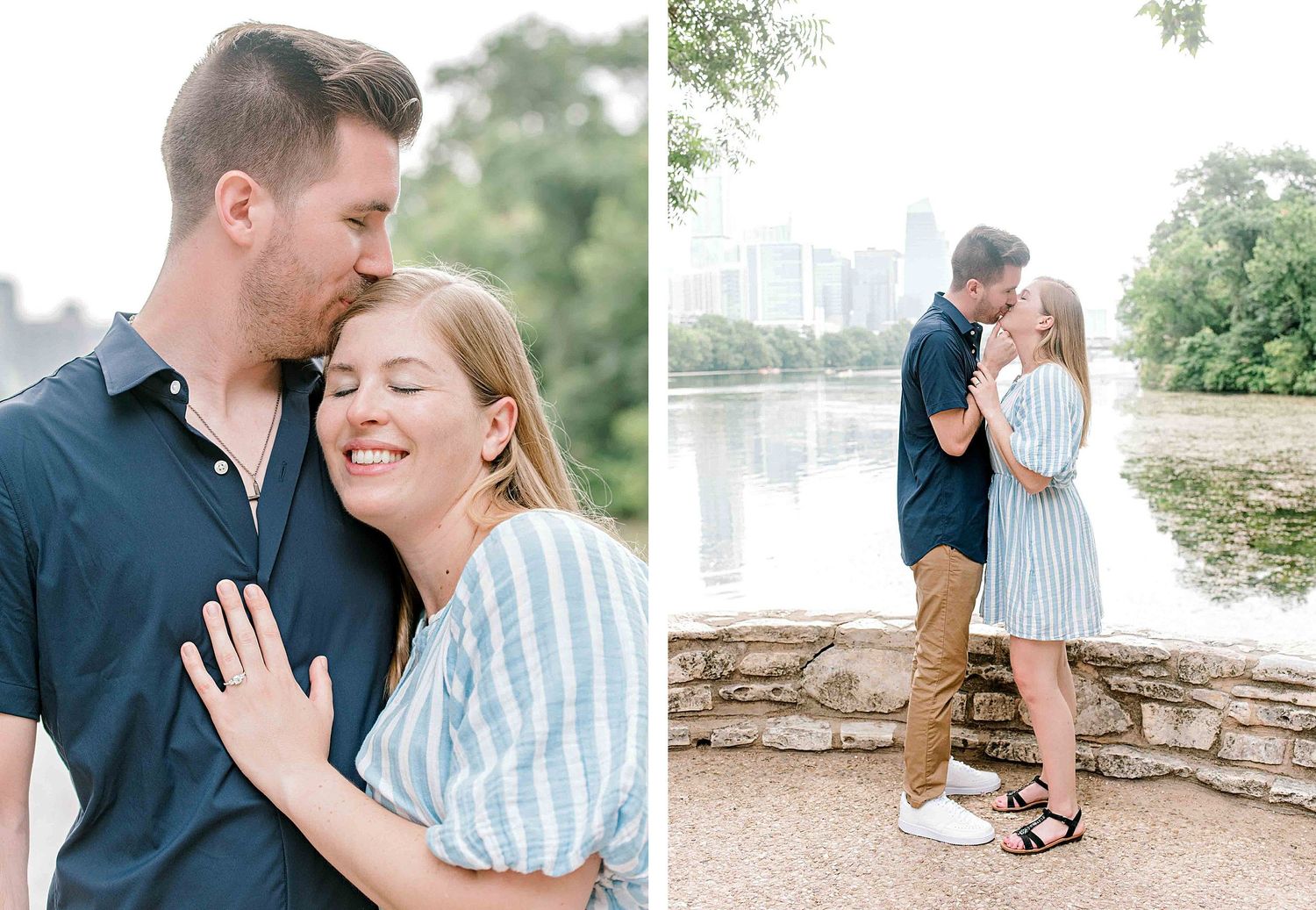 A romantic engagement photo collage showing tender moments between a couple by the water.