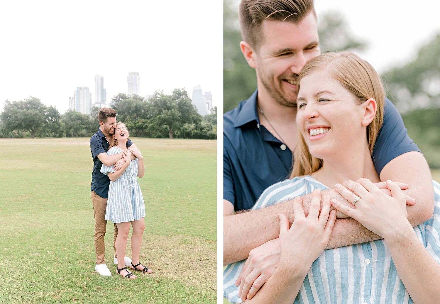 A couple shares joyful moments together in a park with the city skyline visible.