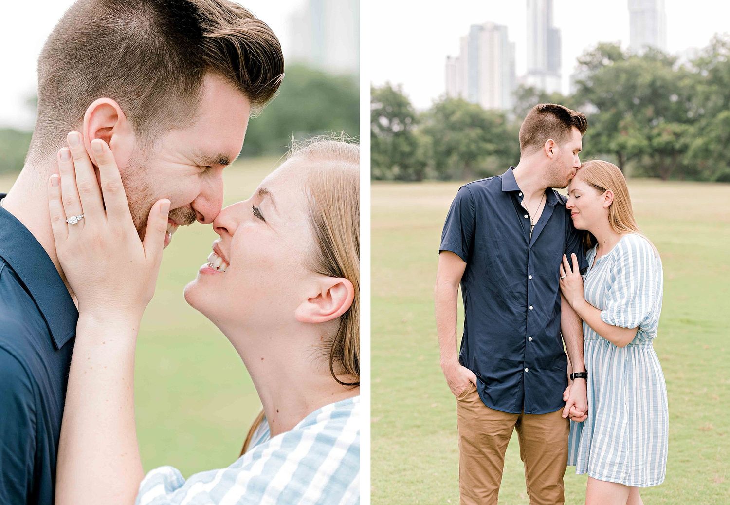 A romantic photo collage showing tender moments between a couple in an urban park setting.