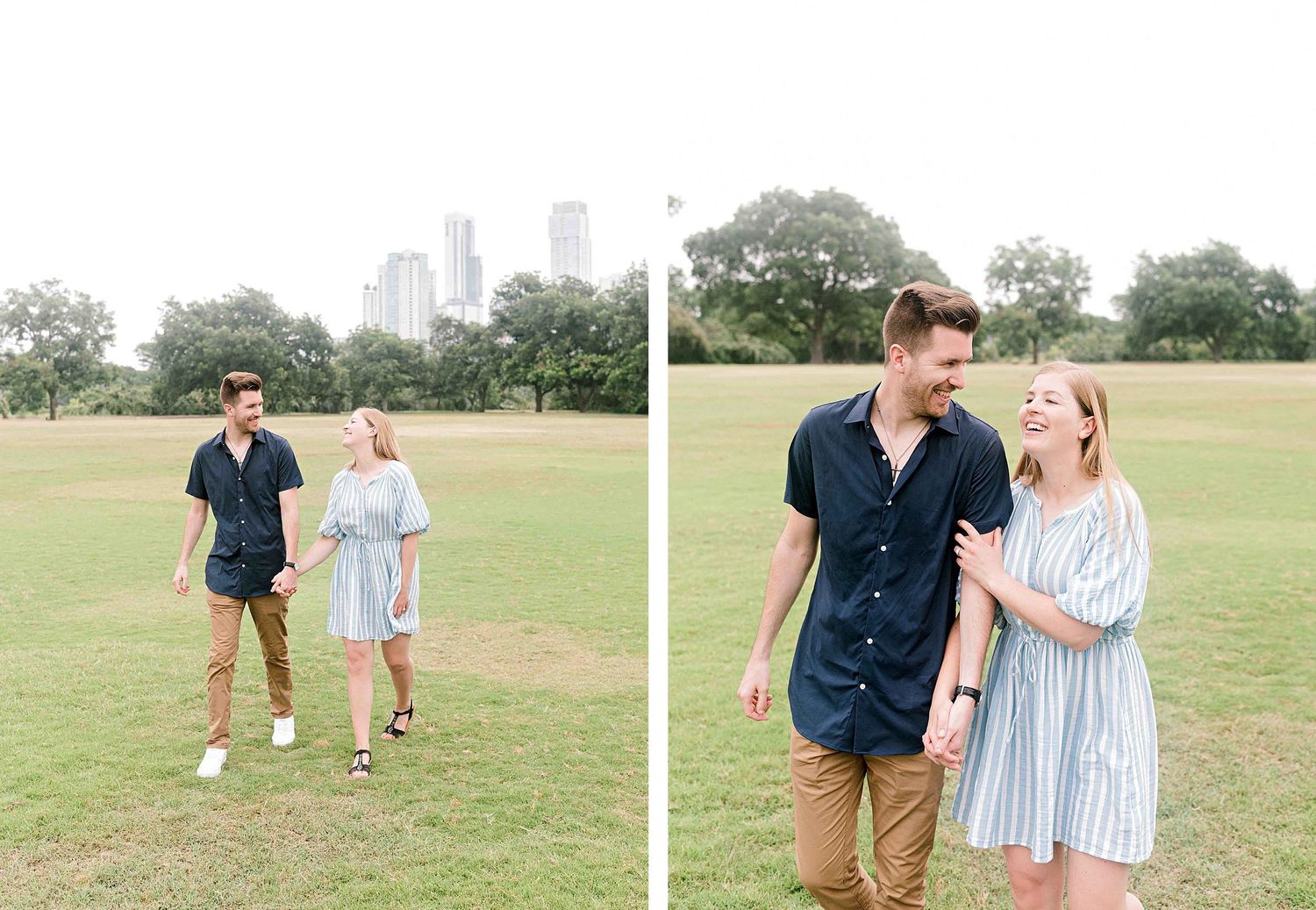 Playful engagement photos taken in an open field with a metropolitan backdrop.