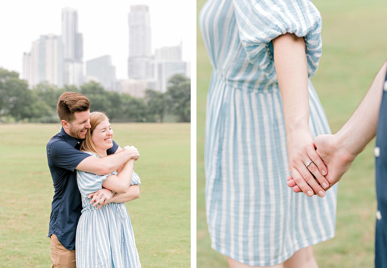Close-up moments of a romantic photoshoot in a park with urban buildings in the distance.