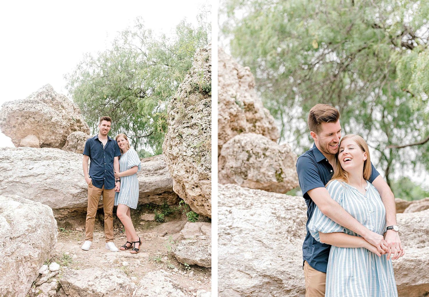 Romantic couple's photoshoot on rocky terrain with natural scenery.
