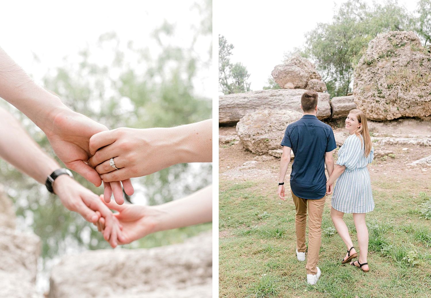 Close-up of hands holding and a couple walking along a rocky path.