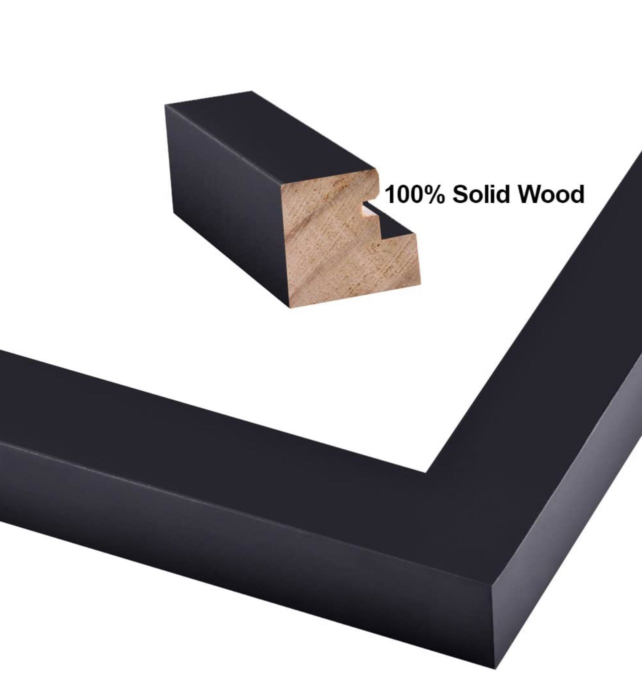 Corner detail of a black solid wood picture frame molding with 100% Solid Wood label.