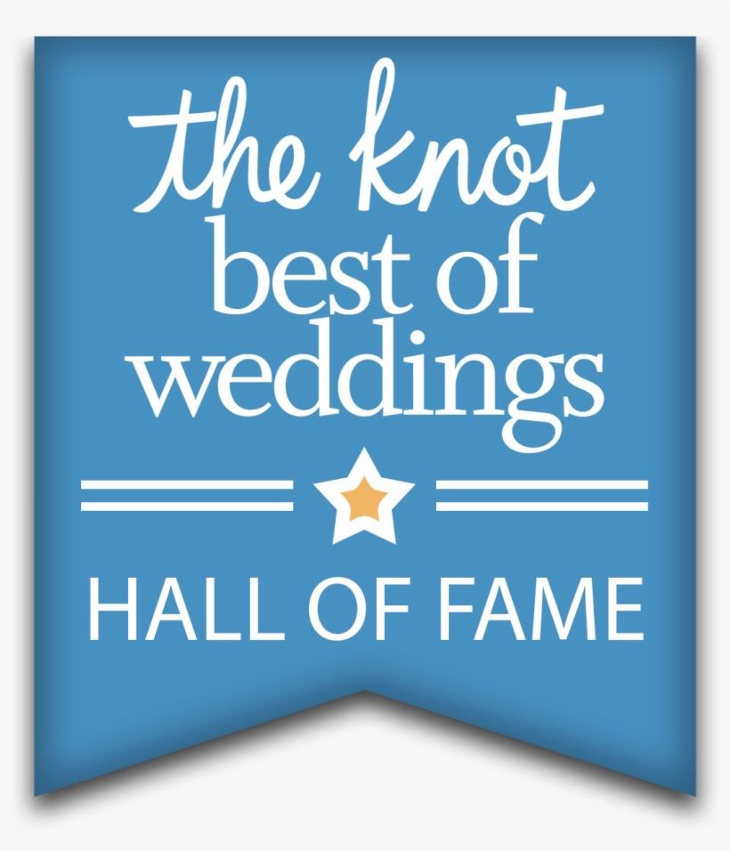 Blue banner logo for The Knot Best of Weddings Hall of Fame with a gold star.