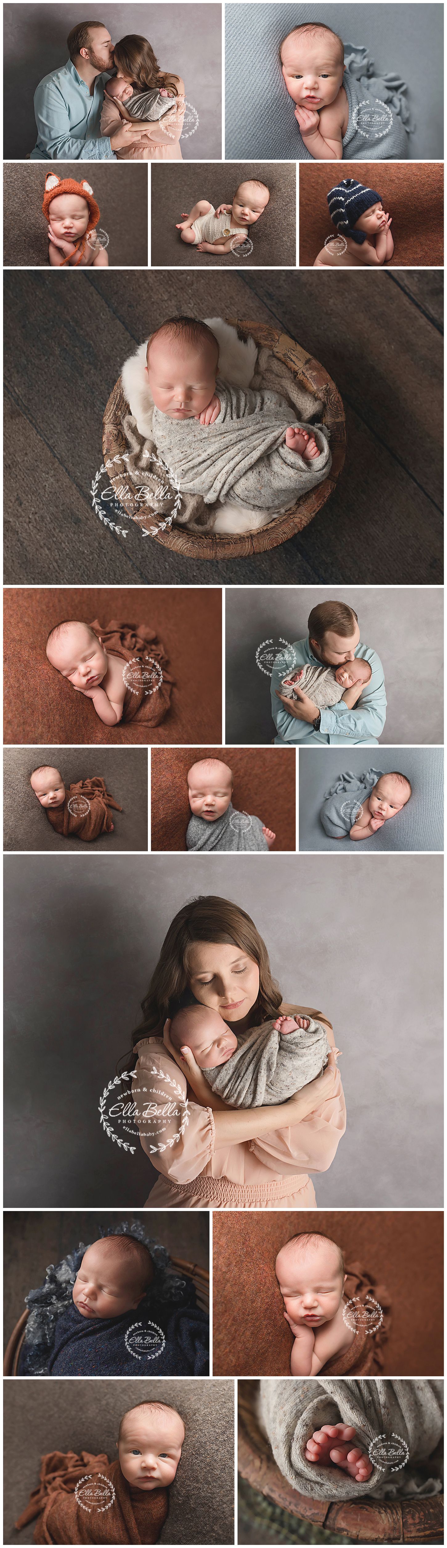 Professional newborn photography collection featuring artistic poses and family moments.