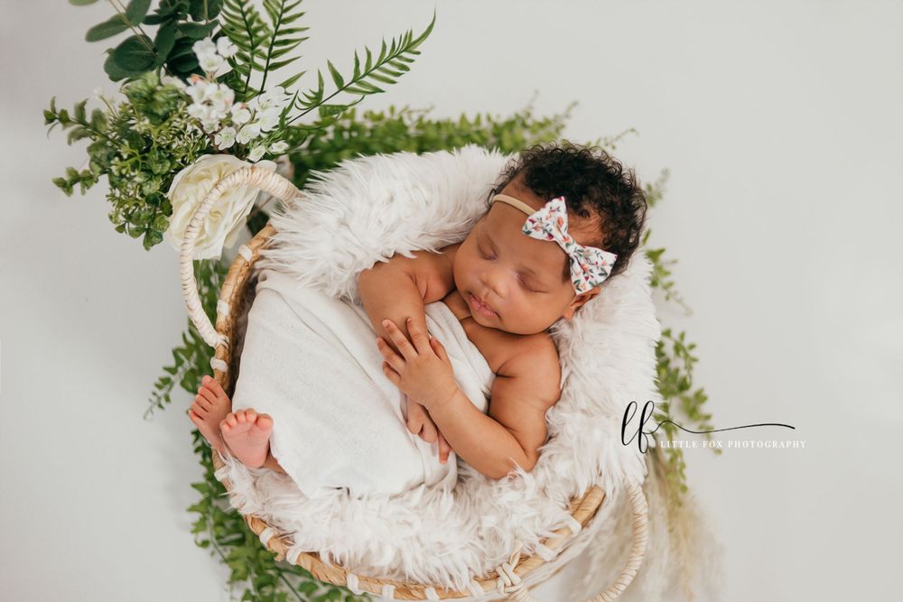 White set with green and white florals and a newborn baby girl in a wicker basket sleeping on white fur in Houston, TX